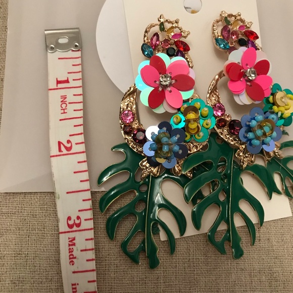 Tropical Leaf and Flower Statement Earrings - Picture 5 of 6